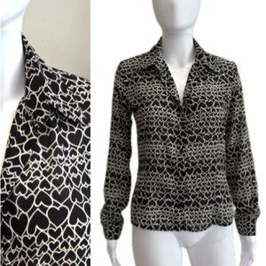 LABEL New York Vintage 100% Silk Heart Print Shirt Womens Size 8 Long Sleeve